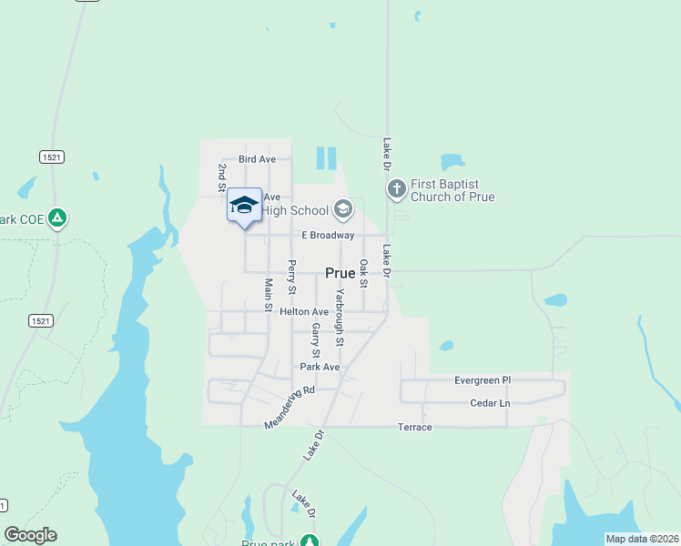 map of restaurants, bars, coffee shops, grocery stores, and more near in Prue