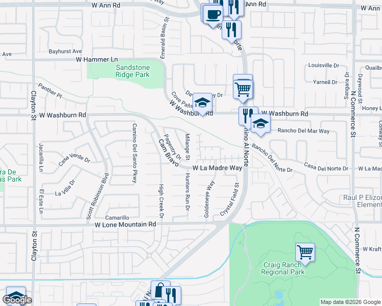 map of restaurants, bars, coffee shops, grocery stores, and more near 5028 Milange Street in North Las Vegas