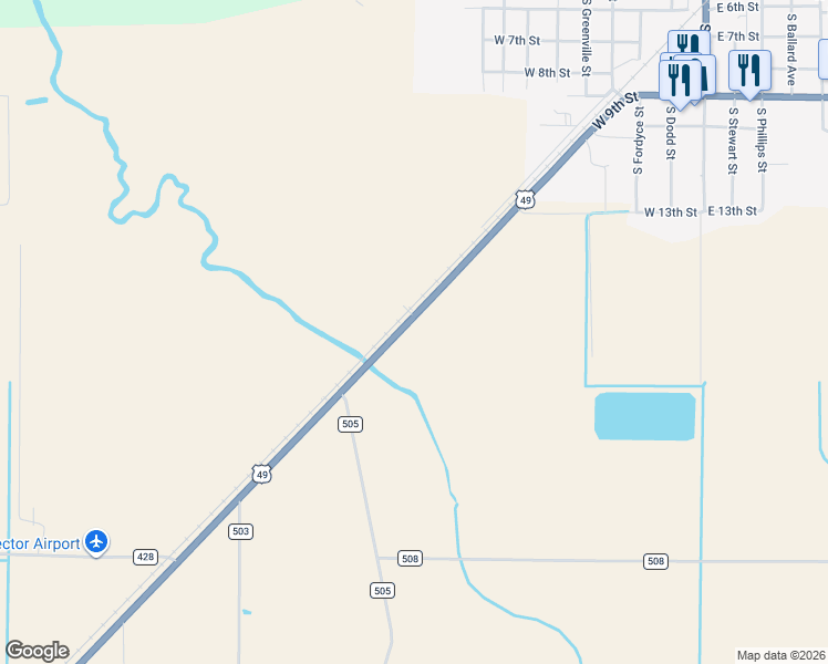 map of restaurants, bars, coffee shops, grocery stores, and more near 500 U.S. 49 in Rector