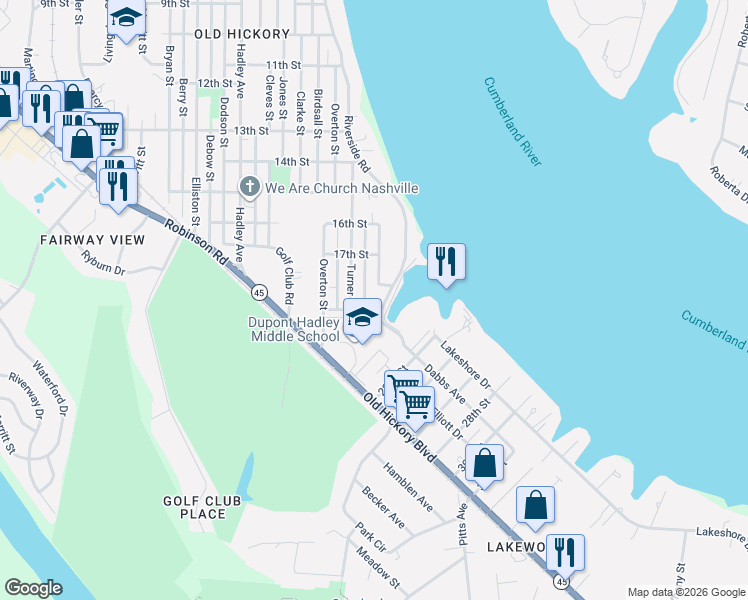 map of restaurants, bars, coffee shops, grocery stores, and more near 1800 Riverside Drive in Nashville
