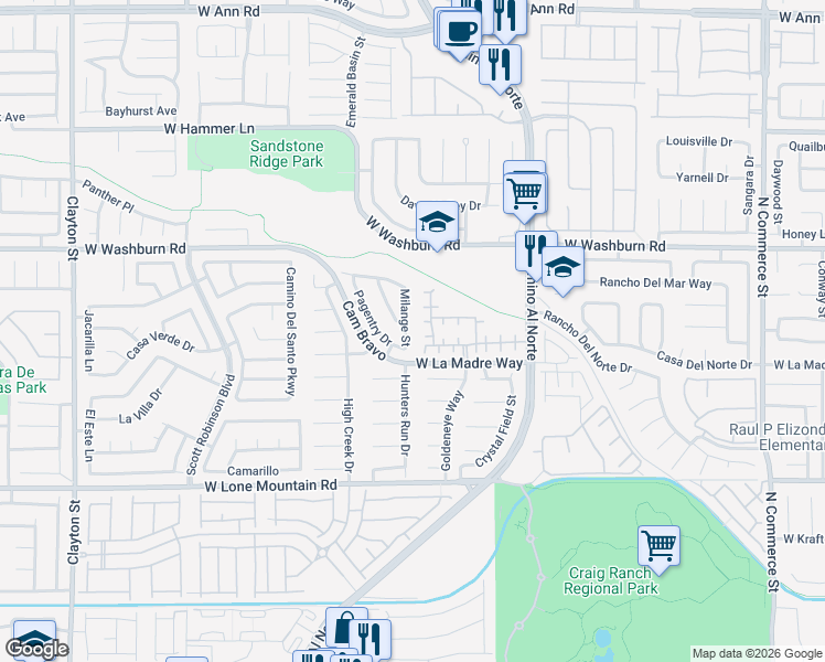 map of restaurants, bars, coffee shops, grocery stores, and more near 5028 Milange Street in North Las Vegas