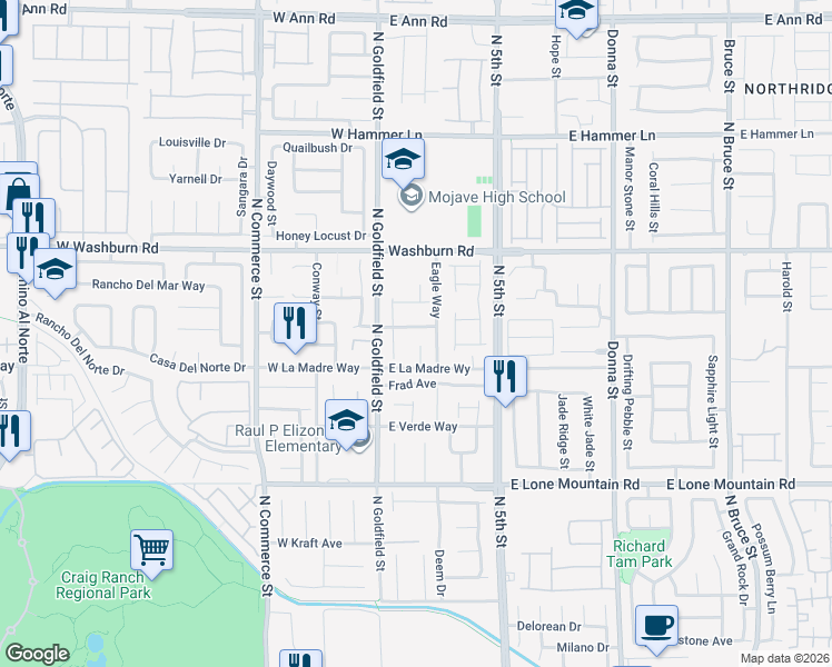 map of restaurants, bars, coffee shops, grocery stores, and more near 5036 Alejandro Way in North Las Vegas