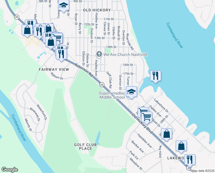 map of restaurants, bars, coffee shops, grocery stores, and more near 1903 Old Hickory Boulevard in Nashville