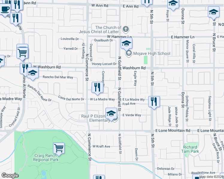 map of restaurants, bars, coffee shops, grocery stores, and more near 5032 Ruby Sunset Street in North Las Vegas