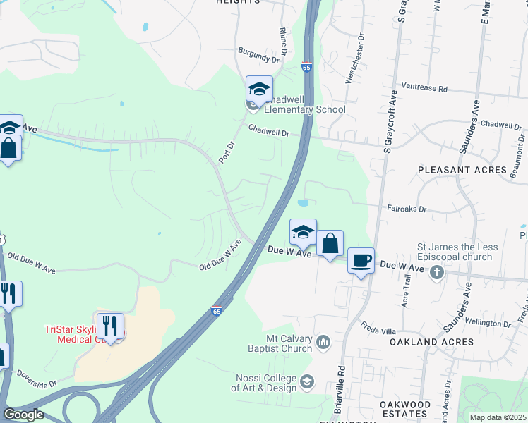 map of restaurants, bars, coffee shops, grocery stores, and more near Interstate 65 in Nashville