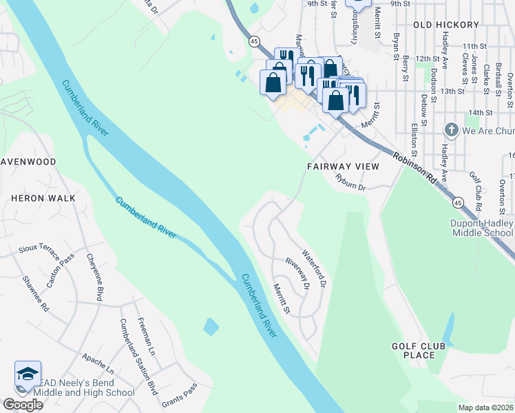 map of restaurants, bars, coffee shops, grocery stores, and more near 2128 Riverway Drive in Nashville