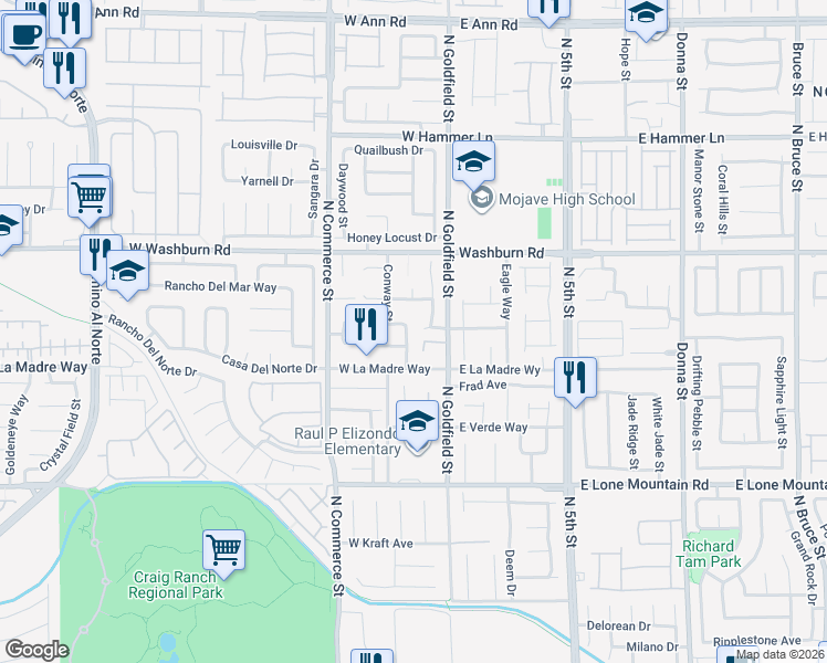 map of restaurants, bars, coffee shops, grocery stores, and more near 5028 North Crying Heart Street in North Las Vegas