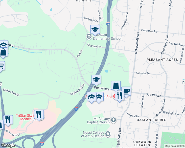 map of restaurants, bars, coffee shops, grocery stores, and more near Interstate 65 in Nashville