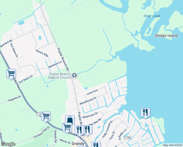 map of restaurants, bars, coffee shops, grocery stores, and more near 139 Martha's Lane in Grandy