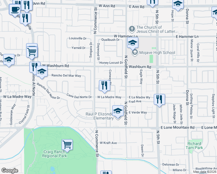 map of restaurants, bars, coffee shops, grocery stores, and more near 120 Melon Aroma Avenue in North Las Vegas