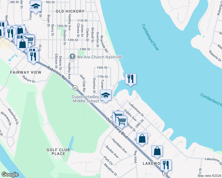 map of restaurants, bars, coffee shops, grocery stores, and more near 1800 Riverside Drive in Nashville