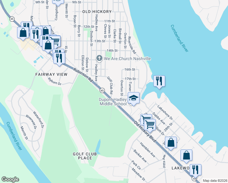 map of restaurants, bars, coffee shops, grocery stores, and more near 1903 Old Hickory Boulevard in Nashville