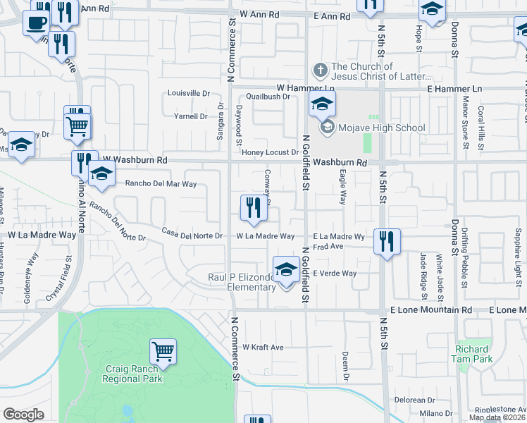 map of restaurants, bars, coffee shops, grocery stores, and more near 120 Melon Aroma Avenue in North Las Vegas