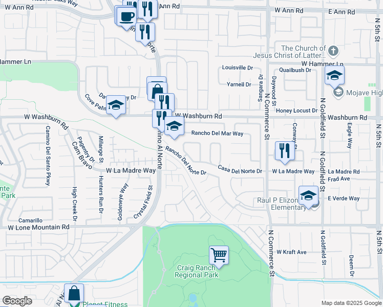 map of restaurants, bars, coffee shops, grocery stores, and more near 632 Casa Del Norte Drive in North Las Vegas