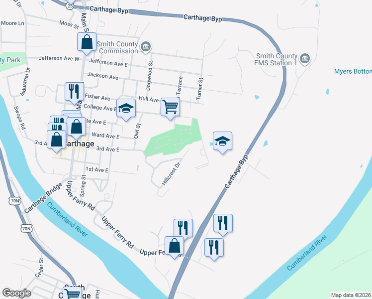 map of restaurants, bars, coffee shops, grocery stores, and more near 313 Hillcrest Dr in Carthage