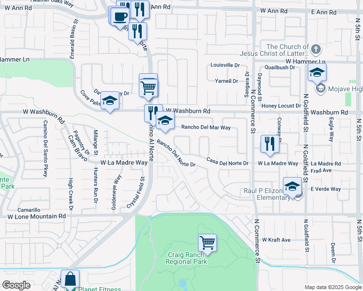 map of restaurants, bars, coffee shops, grocery stores, and more near 632 Casa Del Norte Drive in North Las Vegas