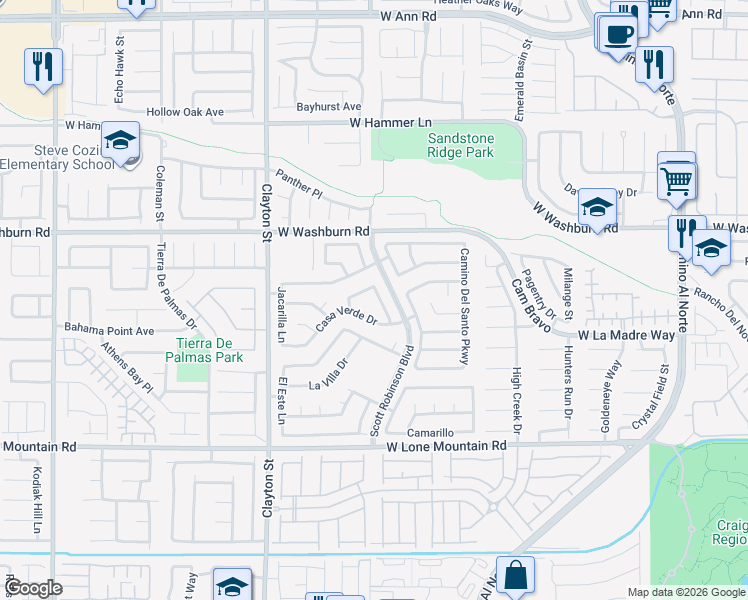 map of restaurants, bars, coffee shops, grocery stores, and more near 1849 Vista Del Oso Way in North Las Vegas