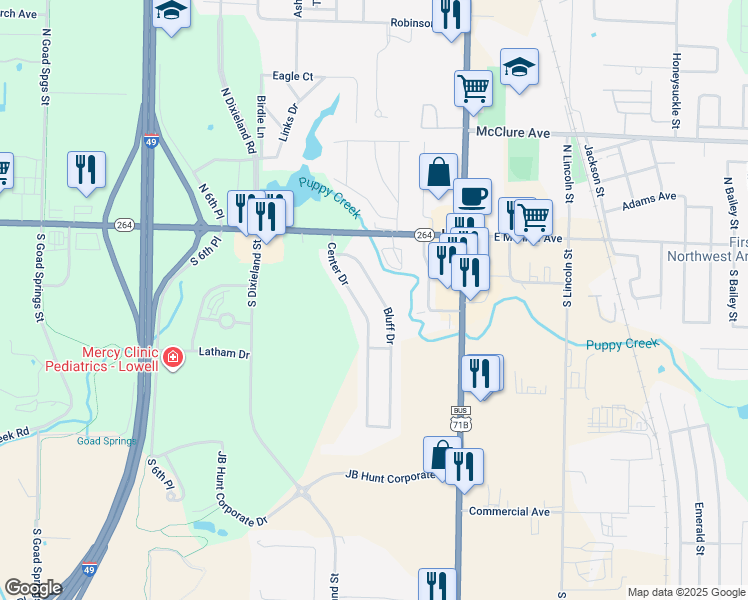 map of restaurants, bars, coffee shops, grocery stores, and more near 202 Bluff Drive in Lowell