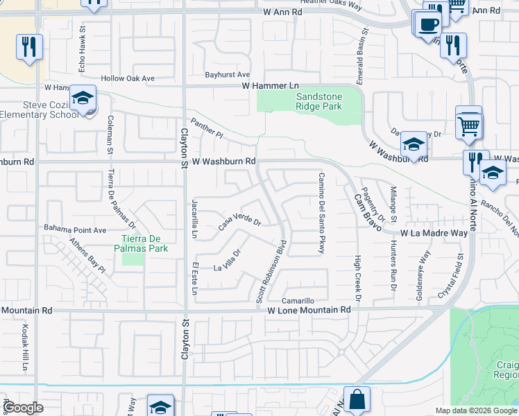 map of restaurants, bars, coffee shops, grocery stores, and more near 1849 Vista Del Oso Way in North Las Vegas
