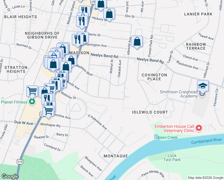 map of restaurants, bars, coffee shops, grocery stores, and more near 316 Madison Boulevard in Nashville