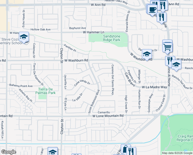 map of restaurants, bars, coffee shops, grocery stores, and more near 5037 Monte Del Sol Lane in North Las Vegas