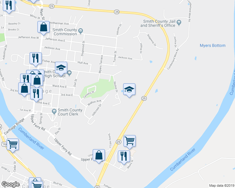 map of restaurants, bars, coffee shops, grocery stores, and more near 100 Horizon Circle in Carthage