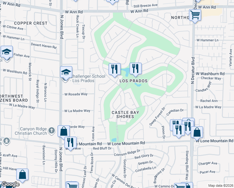 map of restaurants, bars, coffee shops, grocery stores, and more near 5109 Pacific Grove Drive in Las Vegas