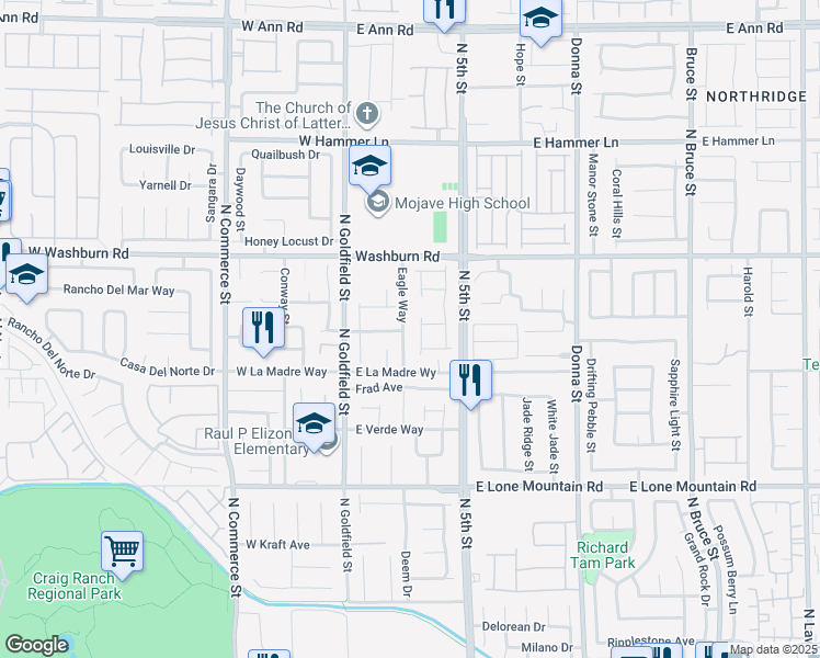 map of restaurants, bars, coffee shops, grocery stores, and more near 5040 Eagle Way in North Las Vegas