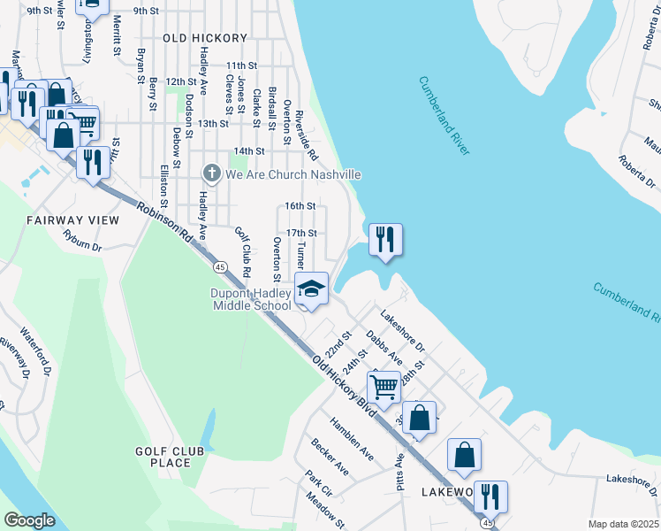 map of restaurants, bars, coffee shops, grocery stores, and more near 1800 Riverside Drive in Nashville