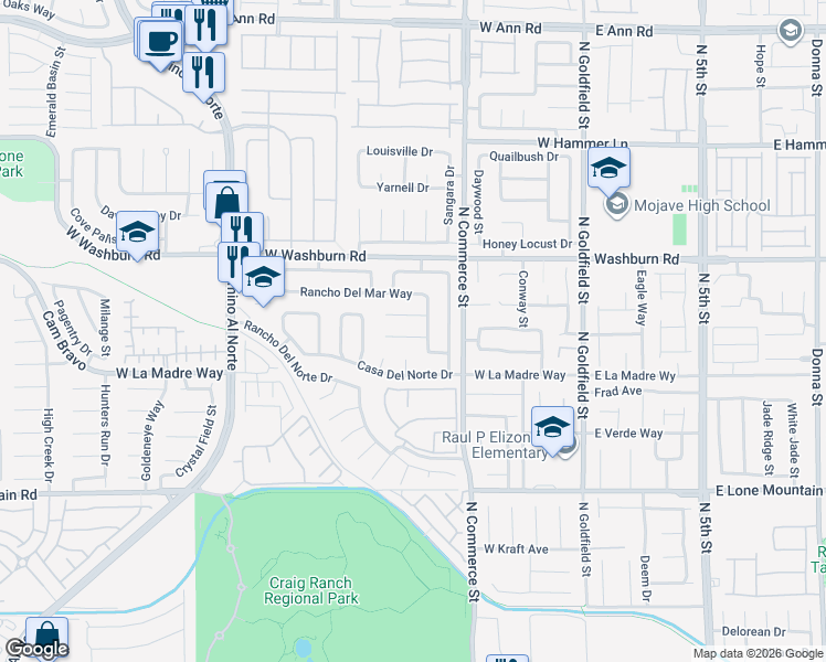 map of restaurants, bars, coffee shops, grocery stores, and more near 412 Don Fernando Cir in North Las Vegas