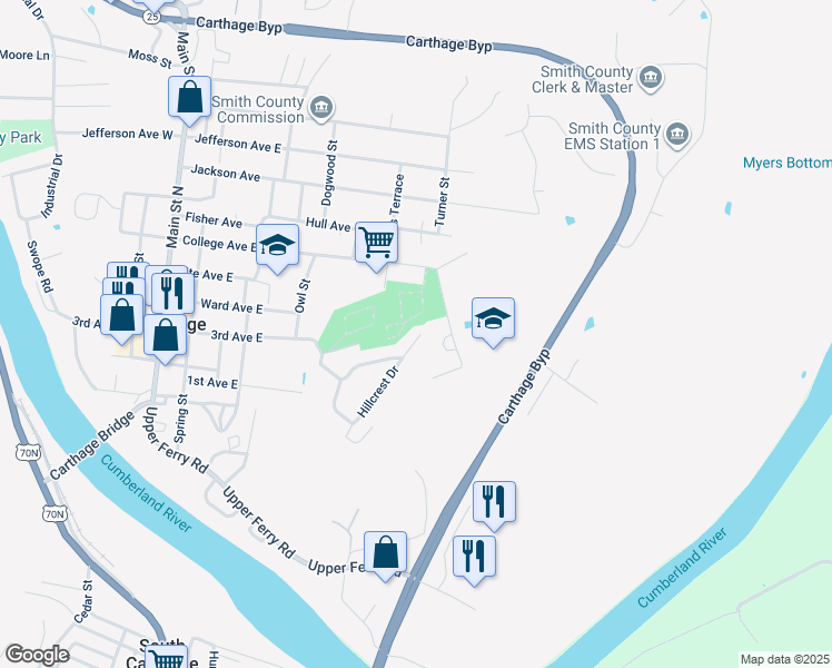 map of restaurants, bars, coffee shops, grocery stores, and more near 317 Hillcrest Drive in Carthage