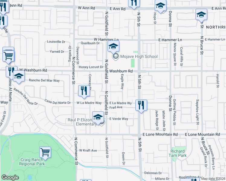 map of restaurants, bars, coffee shops, grocery stores, and more near 5036 Alejandro Way in North Las Vegas