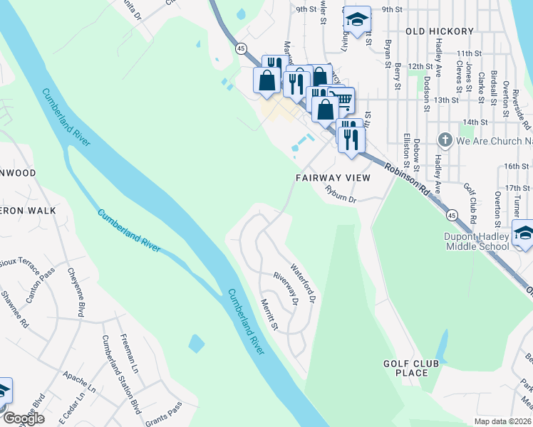 map of restaurants, bars, coffee shops, grocery stores, and more near 2108 Riverway Drive in Nashville