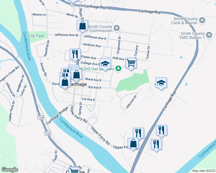 map of restaurants, bars, coffee shops, grocery stores, and more near 425 3rd Ave E in Carthage
