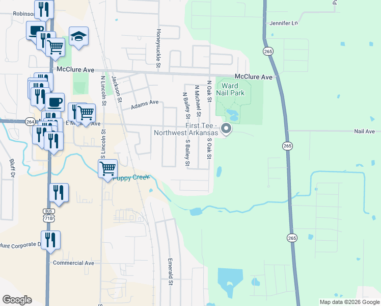 map of restaurants, bars, coffee shops, grocery stores, and more near 125 South Bailey Street in Lowell