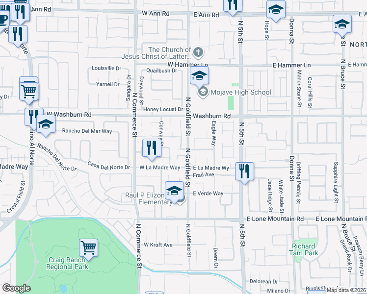 map of restaurants, bars, coffee shops, grocery stores, and more near 5032 Ruby Sunset Street in North Las Vegas