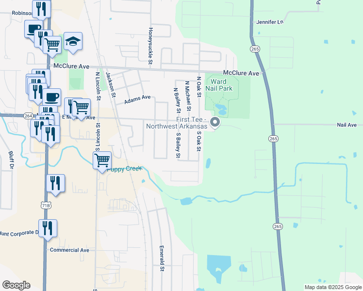 map of restaurants, bars, coffee shops, grocery stores, and more near 125 S Bailey St in Lowell