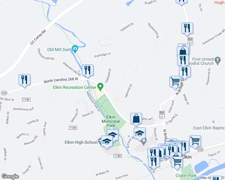 map of restaurants, bars, coffee shops, grocery stores, and more near 144 North Edgedale Drive in Elkin