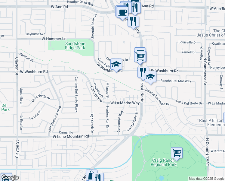 map of restaurants, bars, coffee shops, grocery stores, and more near 5045 Bayberry Crest Street in North Las Vegas