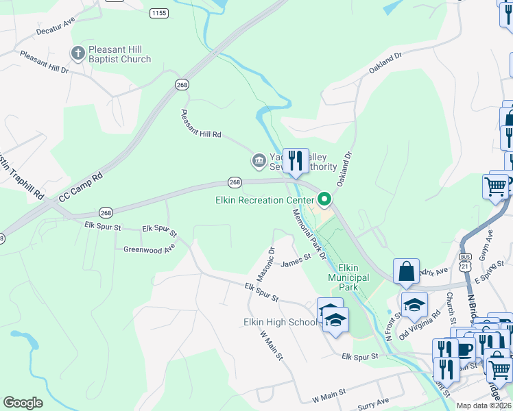 map of restaurants, bars, coffee shops, grocery stores, and more near 565 North Carolina 268 West in Elkin