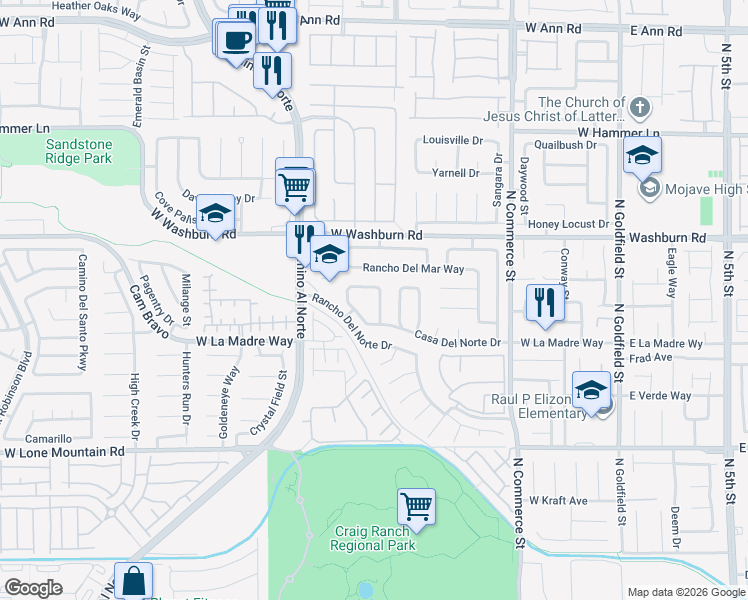 map of restaurants, bars, coffee shops, grocery stores, and more near 5035 Vista Del Rio Way in North Las Vegas