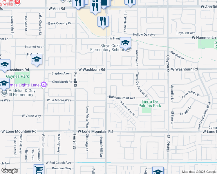 map of restaurants, bars, coffee shops, grocery stores, and more near 5045 Cayman Beach Street in North Las Vegas