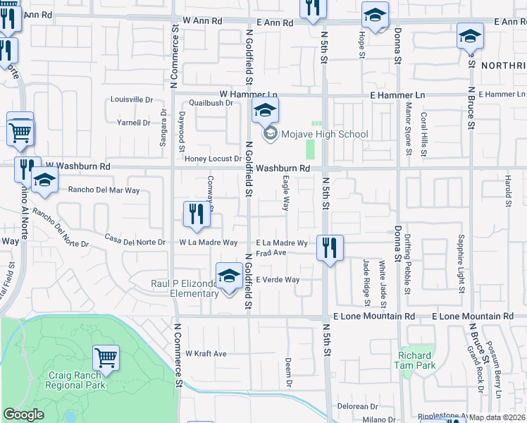 map of restaurants, bars, coffee shops, grocery stores, and more near 5036 Alejandro Way in North Las Vegas
