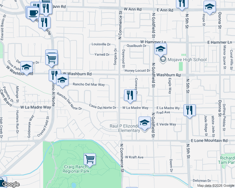 map of restaurants, bars, coffee shops, grocery stores, and more near 5032 North Vista Del Rancho Way in North Las Vegas