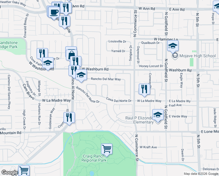 map of restaurants, bars, coffee shops, grocery stores, and more near 436 Don Fernando Circle in North Las Vegas