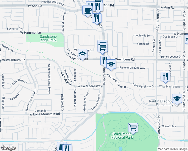 map of restaurants, bars, coffee shops, grocery stores, and more near 5052 Treasure Hills Street in North Las Vegas