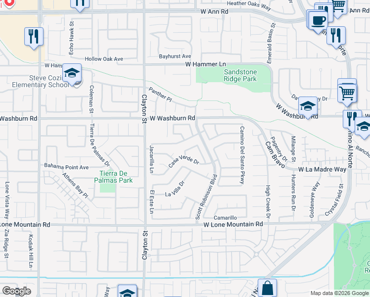 map of restaurants, bars, coffee shops, grocery stores, and more near 1849 Vista Del Oso Way in North Las Vegas