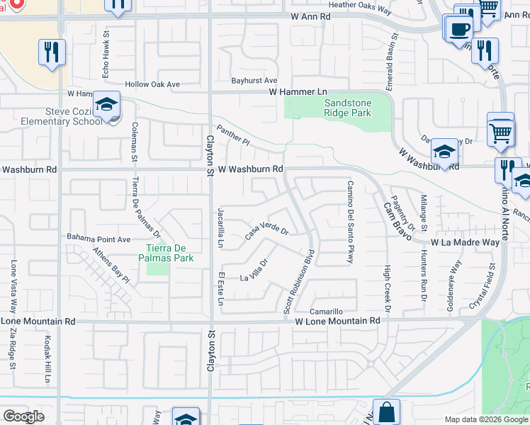 map of restaurants, bars, coffee shops, grocery stores, and more near 1849 Vista Del Oso Way in North Las Vegas