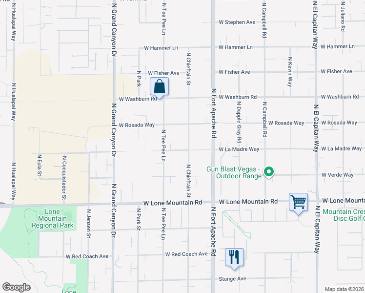 map of restaurants, bars, coffee shops, grocery stores, and more near 5025 North Chieftain Street in Las Vegas