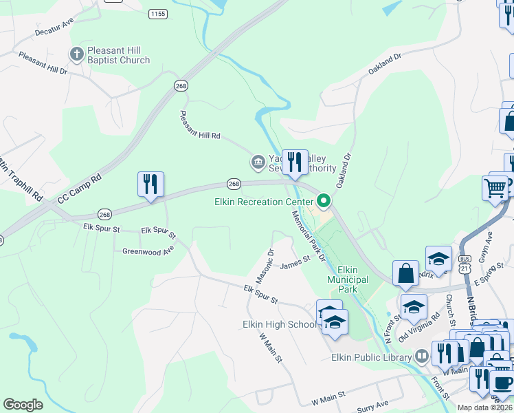 map of restaurants, bars, coffee shops, grocery stores, and more near 565 North Carolina 268 West in Elkin